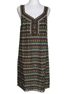 Milly Of NY Women’s Dress Tribal Print Brown Silk Sleeveless Beaded Trim Size 8